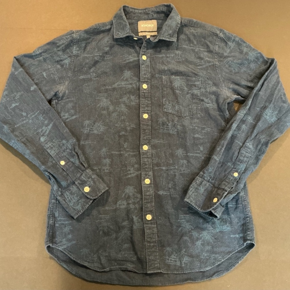 Bonobos Blue Patterned Linen Cotton Button-Down Shirt Slim Fit Size M